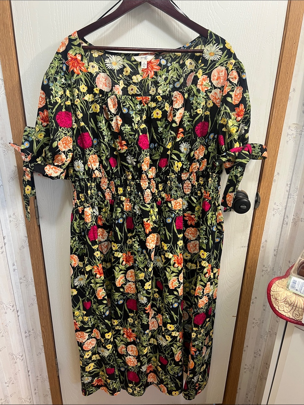 Terra & Sky Black Floral Smocked Midi Dress with Pink and Peach Blooms